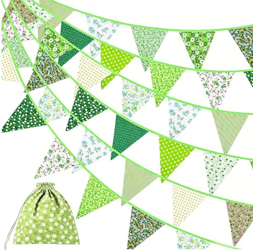 15M/50Ft Fabric Bunting, 45Pcs Triangle Bunting Banner | Green Garden Bunting Party Bunting, Cotton Fabric Flags for Wedding, Birthday, Tea Party, Outdoor and Home Decorations