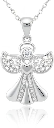 Hanessa Kette aus 925 Echt-Silber Rhodiniert Damen-Schmuck Hals-Kette und Anhänger aus echtem Silber - Engel mit Zirkonia-Stein - Geschenk für die Frau