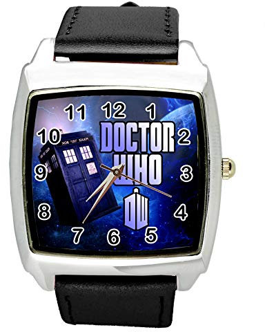 Taport® DR Who, Quarz-Uhr, quadratisch, SCI FI, E2, schwarzes Echtleder-Armband, inklusive Ersatzakku und Geschenkbeutel