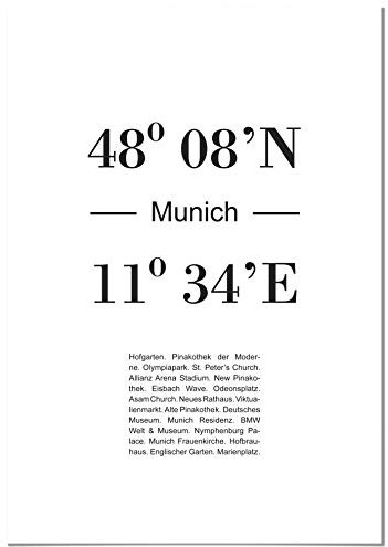 Panorama Poster Koordinaten von München 21 x 30 cm - Gedruckt auf 250g-Papier - Wandbild Wohnzimmer - Papierplakat Schlafzimmer