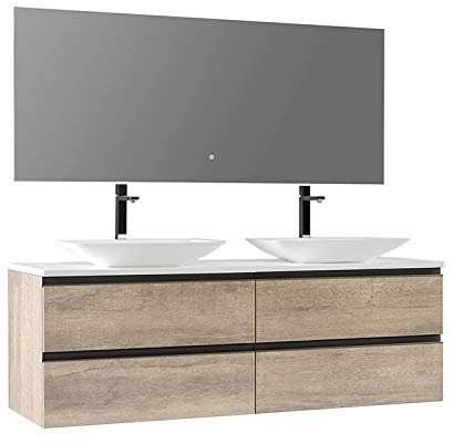 StoneArt Badmöbel-Set Mineralguss Waschbecken Waschschale Aufsatzwaschbecken und Unterschrank und LED Spiegel Touch-Sensor Waschtisch Monte Carlo MC-1600pro-1 eiche hell 160cm