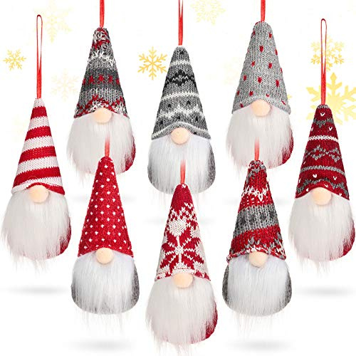 Sumind 9 Pcs Gnome Ornaments for Christmas Tree Handmade Swedish Decor | Scandinavian Plush Gnomes, Knitted Hats Red Gray Patterns, Christmas Tree Hanging Decoration Holiday Xmas Home Decor