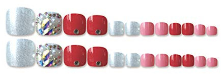 Lot de 24 faux ongles pour orteils - Rouge rose blanc pailleté - Avec strass - Accessoire pour ongles d'orteils
