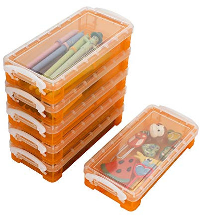 BSTKEY 6 Packs Plastic Stackable Pencil Box Pen Holder- Multifunctional Clear Storage Box Holder Plastic Stationery Case Office Home Container Organizer, Orange