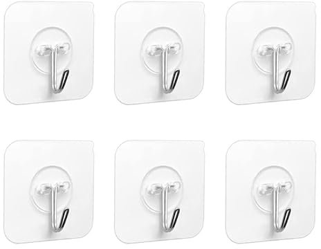 PaiLeWei 6 Clear Self Adhesive Plastic Sticky Hooks 5Kg Max, Stick on Wall Hooks, Bathroom & Kitchen Towel & Utensil Hangers