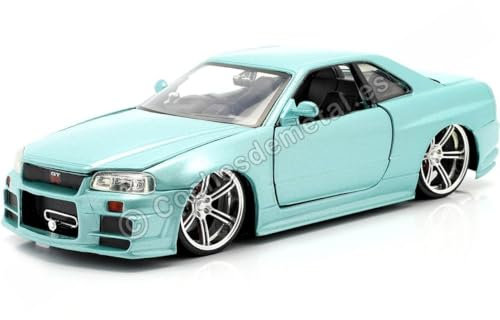 Jada Toys Fast & Furious Brian's Nissan Skyline, 2002, GTR (R34), zu öffnende Türen, Kofferraum und Motorhaube, Modellauto, Spielzeugauto, Maßstab 1:24, Silber