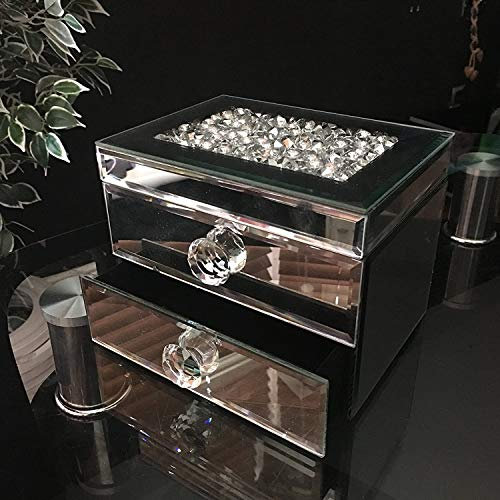 CAPRISTAR ELEGANT SILVER MIRRORED GLASS LARGE JEWELLERY BOX ORGANISER CHEST JEWELLED JEWELLERY BOX 2 DRAWER TOP OPEN
