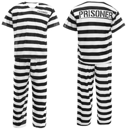 Adults Prisoner Costume - Mens Womens Convict Fancy Dress - Black & White Striped Top, Matching Trousers & Hat - Unisex TV & Film/Halloween Dress Up