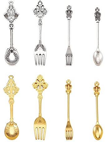 PandaHall 32pcs Alloy Spoon Pendant Fork Charms Tibetan Style Spoon Shape Charms for DIY Necklace Jewelry Making, Golden & Antique Silver