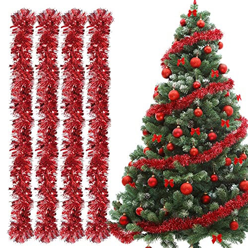 Weihnachtsgirlanden, 4pcs Lametta Weihnachtsbaum, 2m Lametta Girlande, Lametta Girlande Weihnachten, Weihnachtsdeko Lametta für Weihnachtsbaum Weihnachtsfeier, Geburtstagsparty Dekoration(Rot)