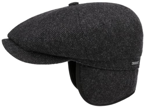 Stetson Hatteras Classic Ear Flaps Flatcap Schirmmütze Fischgrätmuster Wollcap Ohrenschutz Made in EU Herren Herbst Winter