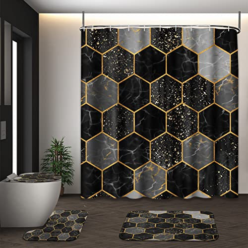 Tayney Marble Shower Curtain Set with Toilet Lid Cover and Non-Slip Rugs, Black Gold Hexagon Geometric 4 Pcs Shower Curtain with 12 Hooks, Modern Abstract Bathroom Set with Rugs and Accessories