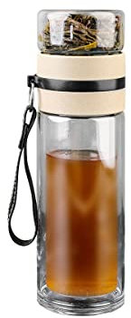ZMHQLPDZ Bouteille à thé – Tasse à thé en verre borosilicate à double paroi avec filtre en acier inoxydable – Gobelet à thé avec diffuseur de thé – Tasse à thé portable de voyage (Naturelle)
