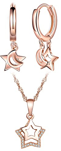CPSLOVE Collane e Orecchini con stella da donna, Parure di gioielli in argento 925, Elegante Collana ciondolo stella, Catena da 45cm, Cerchio Orecchini a stella, Zircone intarsiato