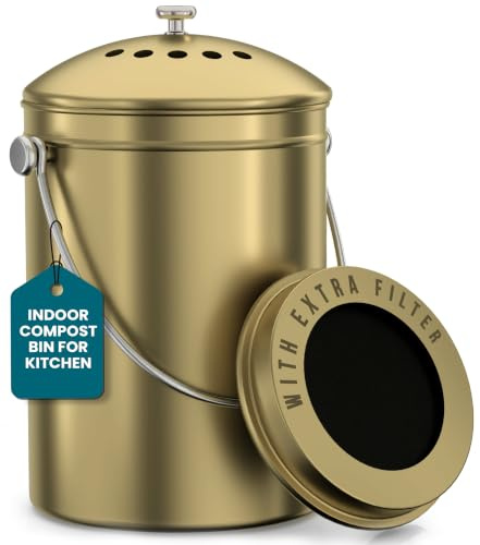 Utopia Kitchen Compost Basket for Kitchen Countertop, Compost Bucket for Kitchen with Lid, Includes 1 Spare Carbon Filter, 6L (Gold)
