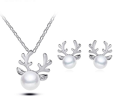 FDEETY Damen Schmuck Sets 925 Sterling Silber Weihnachten Tropfen Perlen Elch Halskette Ohrringe zum Valentinstag Hochzeitsgeschenk, Silber