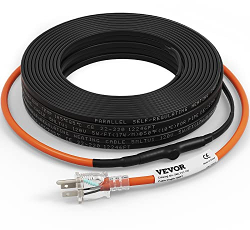 VEVOR Self-Regulating Pipe Heating Cable, 100-feet 5W/ft Heat Tape for Pipes Freeze Protection, Protects PVC Hose, Metal and Plastic Pipe from Freezing, 120V