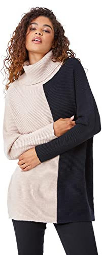 Roman Originals Colour Block Longline Roll Neck Jumper for Women UK - Ladies Autumn Everyday Winter Holiday Long Sleeve Soft Top Chunky Knit Sweaters - Natural - Size 20