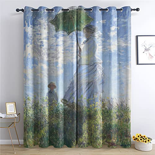 TAKUAN Ölgemälde Vorhänge Monet Der Große Lichtjäger Muster Verdunklungsvorhänge, Vorhang Blickdicht mit Ösen Gardinen Wohnzimmer Schlafzimmer Kinderzimmer Dekoration 2er Set-220 x 140 cm (H X B)