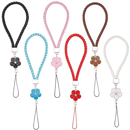 WEBEEDY 6 Stücke Lanyard Handgelenk Riemen Telefon Charms Riemen Geflochtene PU Hand Handgelenk Lanyard mit Blume Anhänger Leder Handy Lanyards für Handtasche Schlüsselanhänger Kamera Telefone
