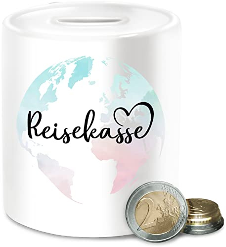 Spardose Reisekasse I Weltreise Sparbüchse Weltkugel I Urlaub Sparen - Unisize - Weiß - zum Reisen urlaubskasse Urlaubs Reise spardosen viele urlaubssparschwein für Erwachsene urlaubsreif Keramik