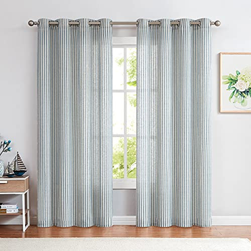 Vangao Leinen Gardinen Blau Streifen Muster Blickdicht Ösenschal Vorhange mit Ösen Modern Leinenoptik Nadelstreifen Vorhänge Wohnzimmer Privarsphäre Gardine Blickdicht Ösenschals 2 Stück 130x225cm
