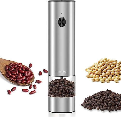 Electric Pepper Grinder & Salt Mill - Battery Operated Stainless Steel Body with Transparent Container LED Light One-Hand Operation Push-Button Switch Adjustable Coarseness Easy Refill & Clean