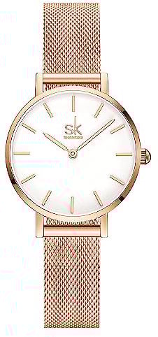 SK Ultradünne Minialistische Damenuhren Einfache Zwei Zeiger Damen Kleid Uhr Lederband (Rosegold-Mesh)