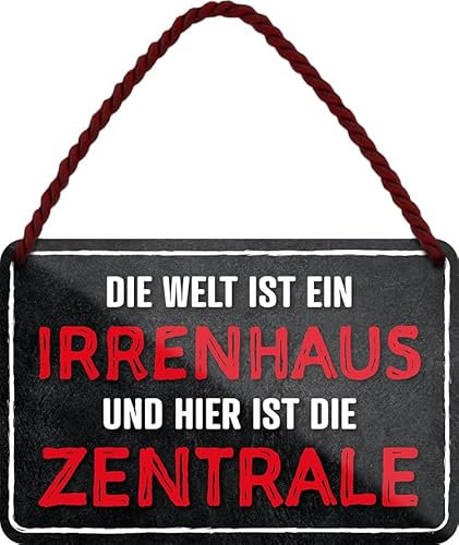 Blechschild ''Die Welt ist ein Irrenhaus und hier die Zentrale'' 18x12cm Geschenk Lustige Sprüche Feier Vintage Retro Geburtstag Deko Party Überraschung Fan Familie Zuhause Eltern Geschwister