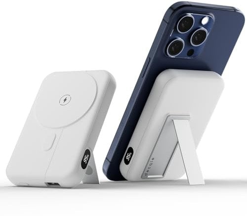 decqle 001 Magnético Power Bank, Bateria Externa Inalámbrico 10000mAh Power Bank, Plegable Soporte Batería Portátil Cargador Compatible con MagSafe para iPhone 12/13 / 14 Serie 2024 (Blanco)
