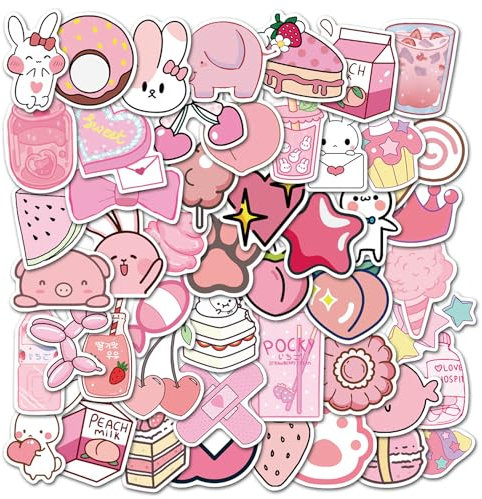 50 Pcs Pink Cute Stickers Pack, Pink Preppy Aesthetic Self Adhesive Waterproof Vinyl Stickers for Girls, Teens, Laptop, Computer, Luggage, Skateboard, Water Bottles, Scrapbook