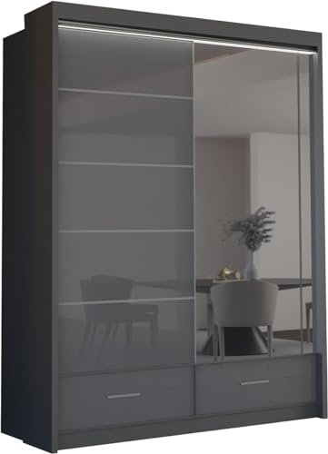 MN Furniture High Gloss & Mirror Sliding Doors Wardrobe with Long Led Light and Bottom Draw (Grey, 150cm), SYCYLIA4