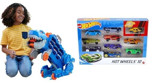 ​Hot Wheels City 'Let's Race' Netflix - Mega Dino Trasportatore & Set Macchinine da 10 Veicoli in Scala 1:64, con Decorazioni Mozzafiato, da Collezionare, Single, 54886