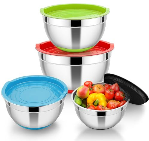 HaWare Rührschüssel 4er Set, Edelstahl Schüssel Salatschüssel mit Luftdichtem Deckel und Silikonboden, Ideal zum Kochen Backen Aufbewahrung, Stapelbar & Spülmaschinenfest, 4,6L/2,8L/1,5L/0,7L - Bunt