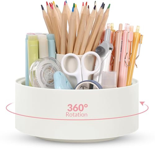 SKYDUE Schreibtisch Organizer, 360 Grad Stiftehalter Drehbar, Entnehmbaren Stifte Organizer Mit 6 Fächern, Stiftehalter Weiß Mit Großer Kapazität Für Büro, Schule, Zuhause