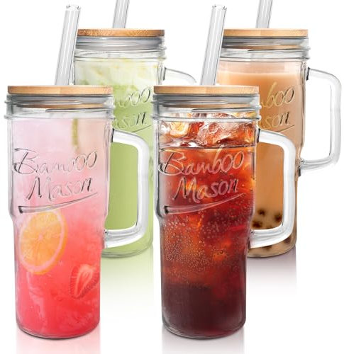 ANOTION Glass Cups with Lids and Straws - 24 oz Tumbler with Handle Christmas Coffee Cups Glass Straws Mason Jar Cups Drinking Set Kitchen Essentials Coffee Bar House Warming Gifts New Home