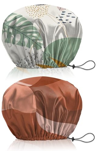 BHAHB 2 Stück Duschhaube, Doppelschicht Wasserdicht Elastisch Einstellbar shower cap wiederverwendbar,ästhetisch,niedlich Duschhaube für Damen (V7-Blattrot)