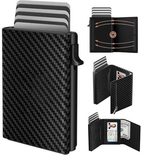 dwnkove Mens Wallet Credit Card Holder, Minimalist Wallet for Men, Aluminum Pop up Wallet, RFID Blocking, Genuine Leather, Smart, Slim, Coin Pocket | 9-14 Card Capacity | ID Window | Cash Slot