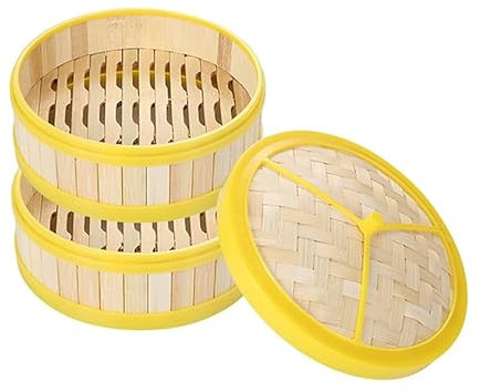 ANSNOW Bamboo Steamer 2 Tier Steamer with Lid Chinese Steamer Premium Bamboo Steam Basket Bamboo Cooker Steaming Rack Cookware for Dumplings, Rice, Dim Sum, Vegetables, Fish and Meat (9 Sizes)/2 Lay