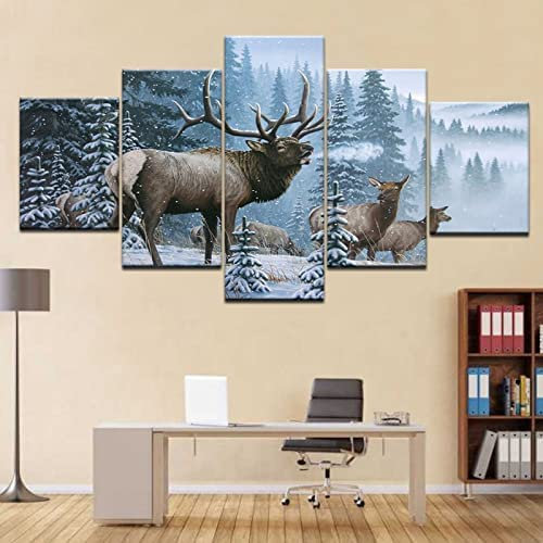 Leinwandmalerei Kuh Elch Überquerung Strom Elch Schneeberg 5 Stück Wandkunst Malerei Modulare Tapeten Posterdruck Für Wohnzimmer Schlafzimmer Esszimmer Büro Kinderzimmer Wandbild Wohnkultur 1-3B6Y-Z8