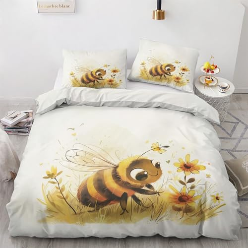 zcwl Biene Blumen Bettwäsche 135x200 Sommer, Honigbienen Bettbezug Set 2 teilig, Weiche Kuschelige Mikrofaser Bettwäsche-Sets, Wendebettwäsche und 1 Kissenbezug 80x80 mit Reißverschluss