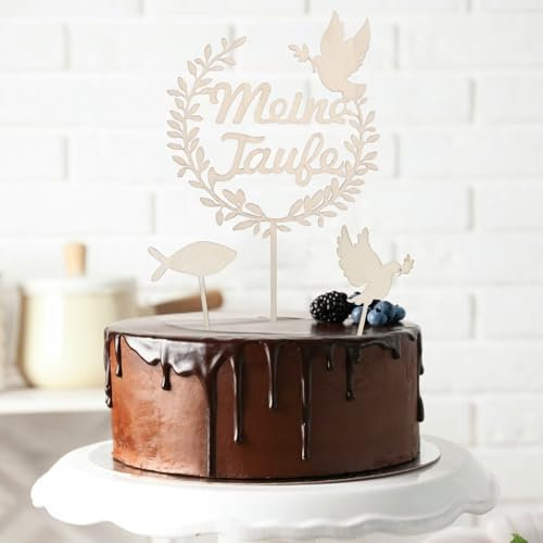 Cake Topper Taufe, Hierein 3 Stück Hölzern Meine Taufe Tortendeko Taufe Holz Taufetortenaufleger mit 1 Fisch, 1 Taube Deko Party Geburtstage Taufen Duschen Dekoration für Junge Mädchen