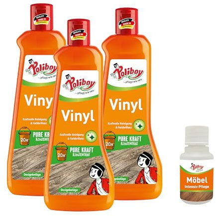 POLIBOY Vinyl Reiniger - Bodenreiniger für Designbelag - Wischpflege als Reinigungskonzentrat mit Jojobaöl - 3x 500 ml - Mit Produktprobe - Made in Germany