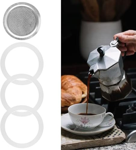 3 guarnizioni in silicone e 1 filtro di ricambio in alluminio, guarnizione per anello per caffettiera espresso, accessori per moka (2 tazze)