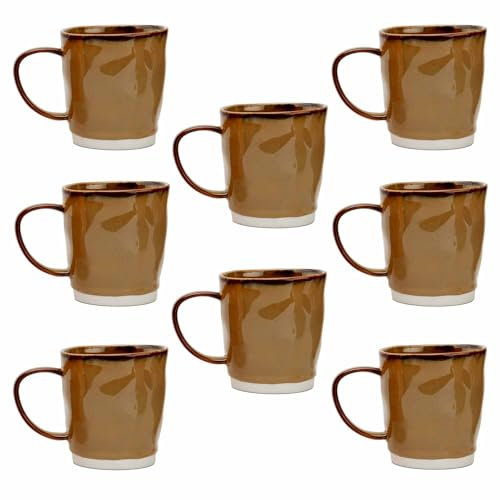 myGrtfam Ceramic Mugs Set of 8, 330ml Stoneware Coffee Cup, Hand-Pressed Texture Tea Cups, Microwave & Dishwasher Safe, Reactive Glaze (Yellow)