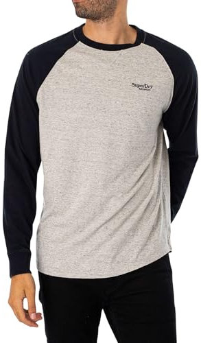 Superdry Herren Essential Baseball-Oberteil mit Langen Ärmeln und Logo Grau Meliert Gesprenkelt/Finster Marineblau S