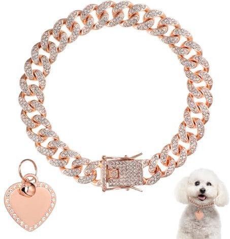 25cm Dog Chain Collar, Rose Gold Diamond Collar Necklace with Heart Shape Dog Tag Rhinestones Heart Bling Dog Collar Pet ID Tag Chain for Small Medium Large Dogs Cats