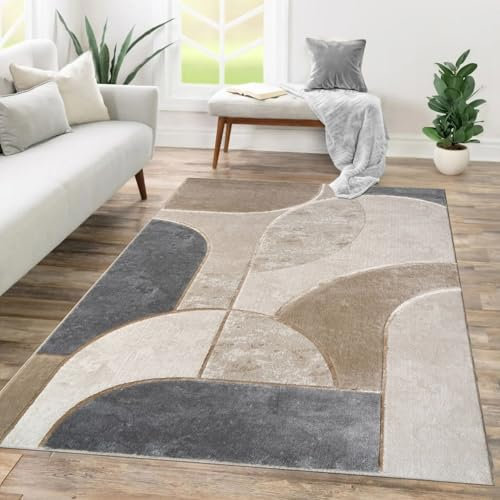 TT Home Tapis Salon Salle À Manger À Poils Courts Motif Abstrait Design Géométrique Optique Arc Effet Haut-Bas Style Moderne, Dimension:80x150 cm