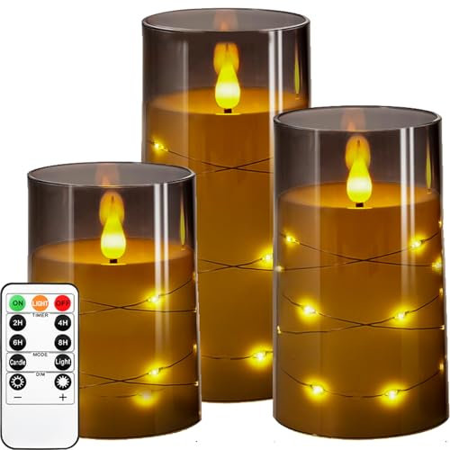 Kiexung LED Kerze, LED Kerze mit eingebauter Lichterkette, batteriebetriebene Kerze, Plexiglaskerze mit Fernbedienung Timer, festliche flammenlose Kerze, Wohnkultur, 3-teiliges Set (grau)