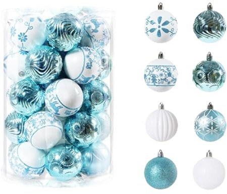 champracer 34 Stück Weihnachtsbälle, 6 cm Weihnachtskugeln, Weihnachtsbaum Dekorationen, Bruchsichere PVC Weihnachtsornamente, Dekoration für Weihnachtsbaum, Hochzeit, Party (Blau Weiß,6 cm)
